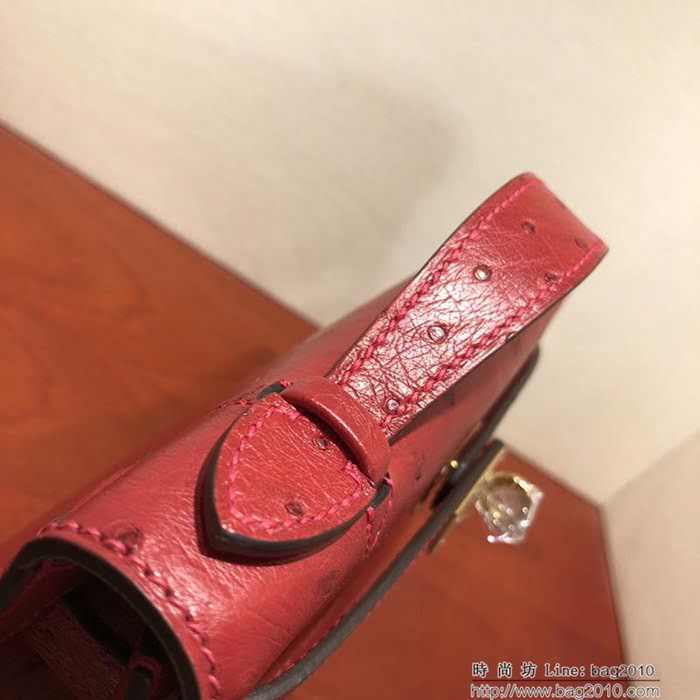 HERMES愛馬仕 凱莉包 Mini Kelly pochette金扣 中國紅 純手縫蠟線配上豬鼻子鏈 斜挎包  Ama1186